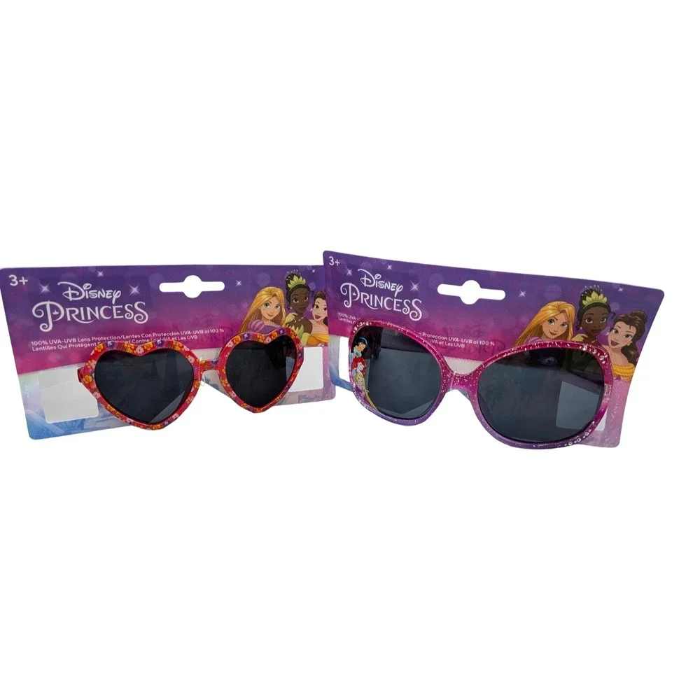 Disney Princess Girls Sunglasses 2 Pack Heart Oval Glitter Pink Red 100% UV NWT